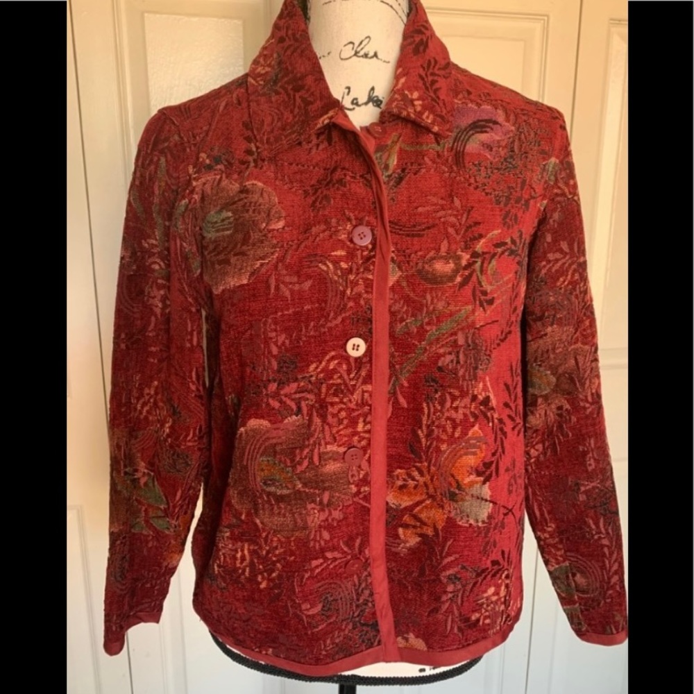 Coldwater Creek Burgundy Floral Tapestry Jacket